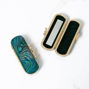 Peacock Pattern Mirrored Lipstick Case | Teal/Pink